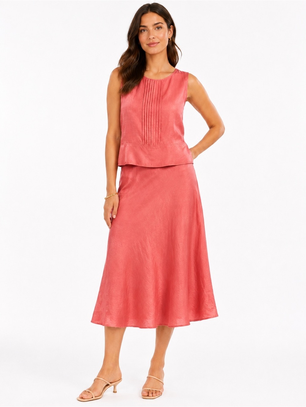Vintage Maggy London Coral Silk Linen Blend Lined 2 Piece Skirt Set Size 6